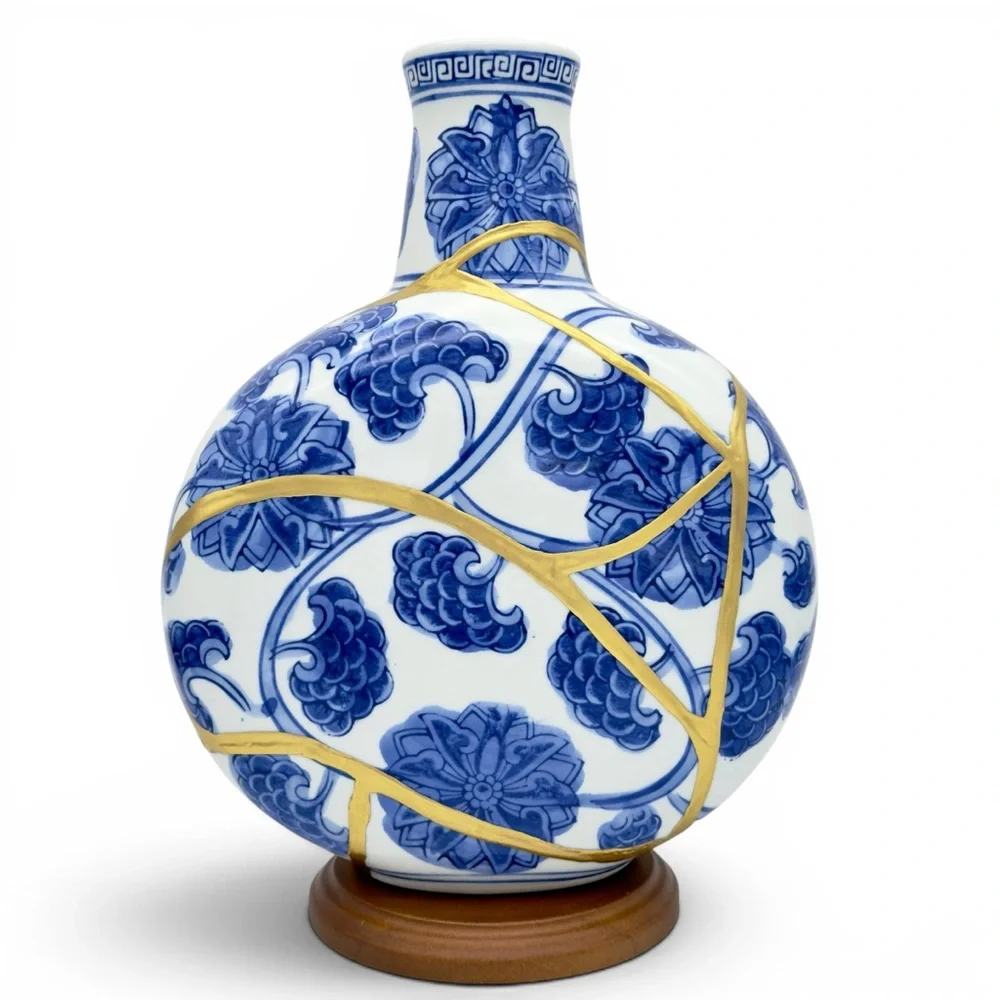 Kintsugi Vase Chinese Porcelain Moon Flask Gold Crack Art Personal Growth Gift - Picture 1 of 14